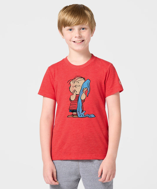 Youth red t-shirt featuring a vintage graphic of Linus van Pelt holding his blue security blanket on the center chest-2