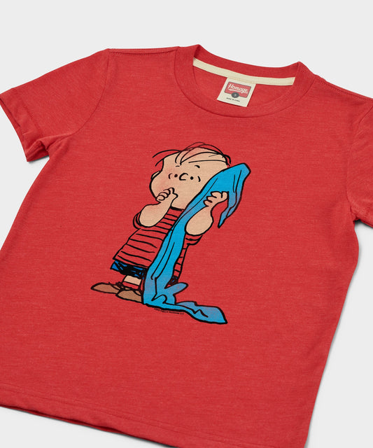 Youth red t-shirt featuring a vintage graphic of Linus van Pelt holding his blue security blanket on the center chest-1