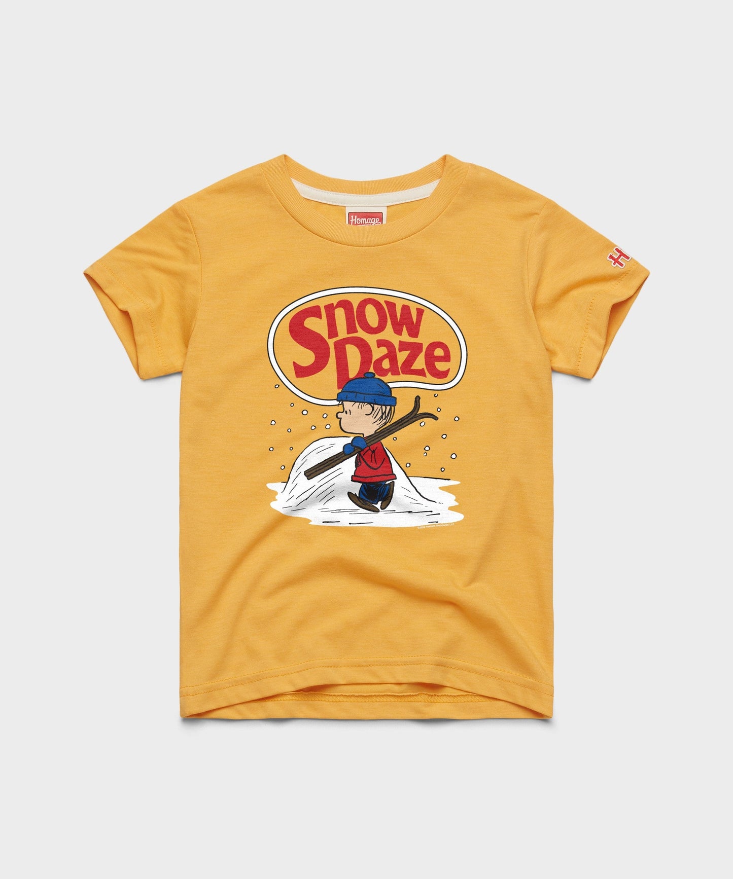 Gold youth crewneck sweatshirt featuring Linus in a snow daze design centered on the chest
