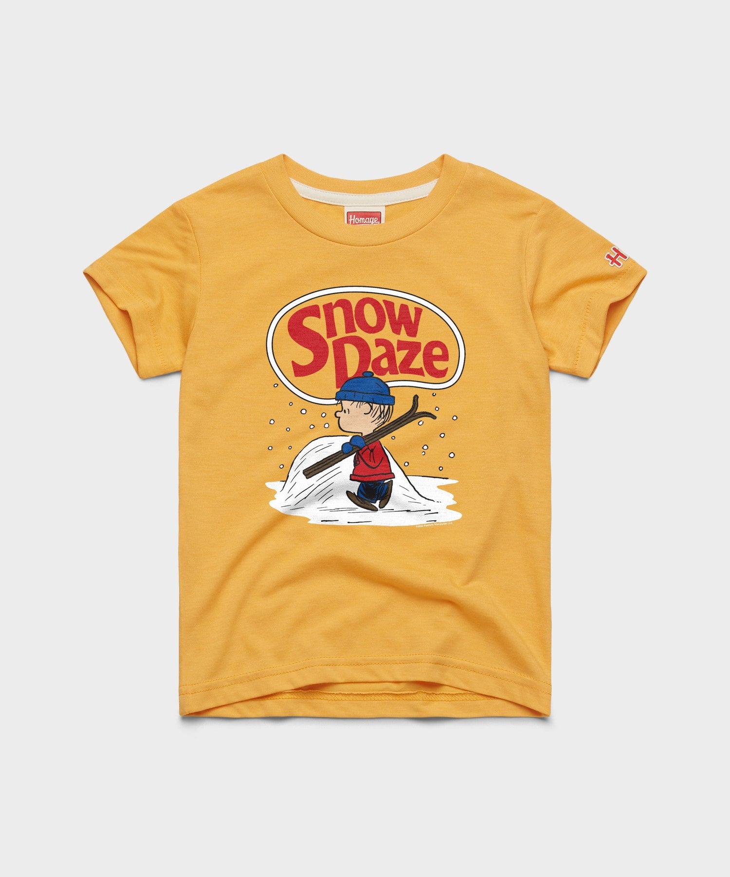 Gold youth crewneck sweatshirt featuring Linus in a snow daze design centered on the chest