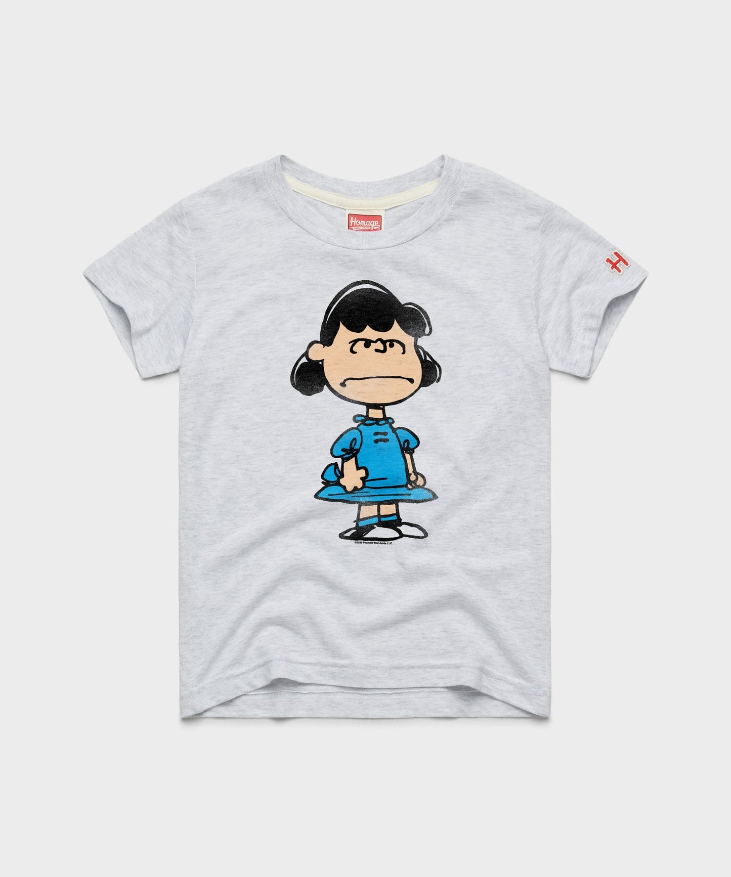 Ash youth t-shirt with a vintage graphic of Lucy van Pelt centered on the front chest