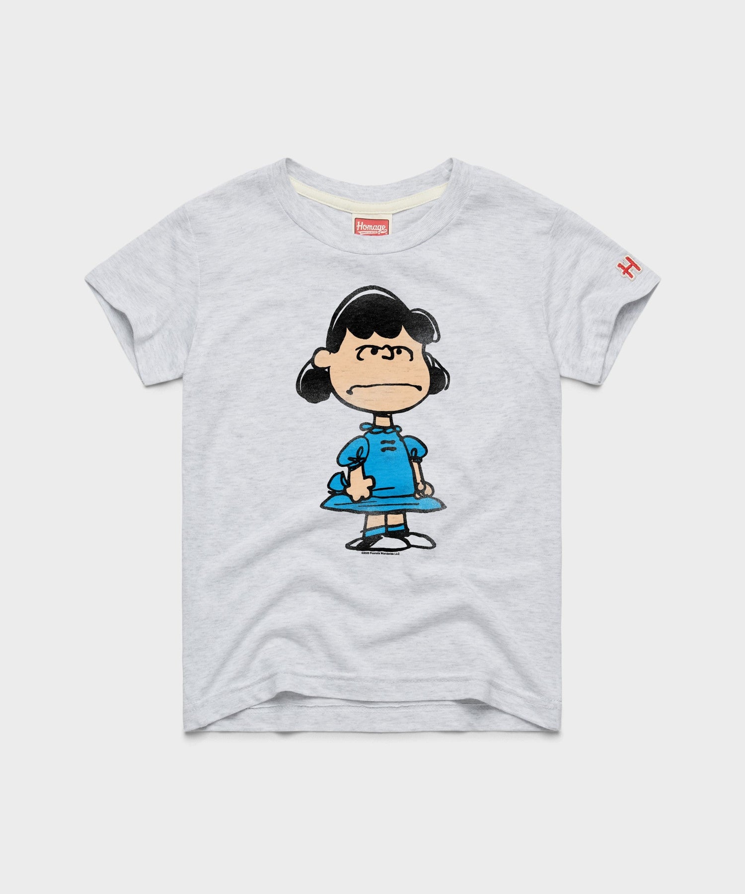 Ash youth t-shirt with a vintage graphic of Lucy van Pelt centered on the front chest
