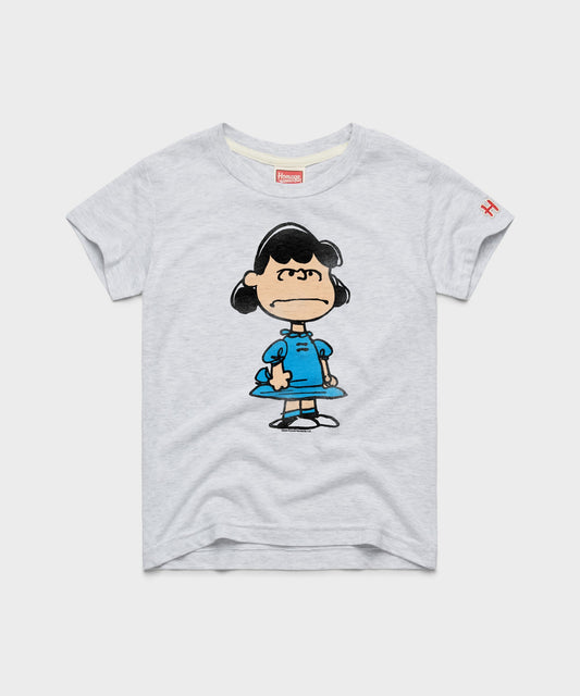 Front view of a youth ash t-shirt featuring Lucy van Pelt standing with a confident expression-0