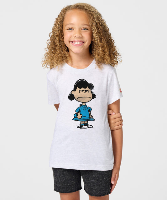 Front view of a youth ash t-shirt featuring Lucy van Pelt standing with a confident expression-2