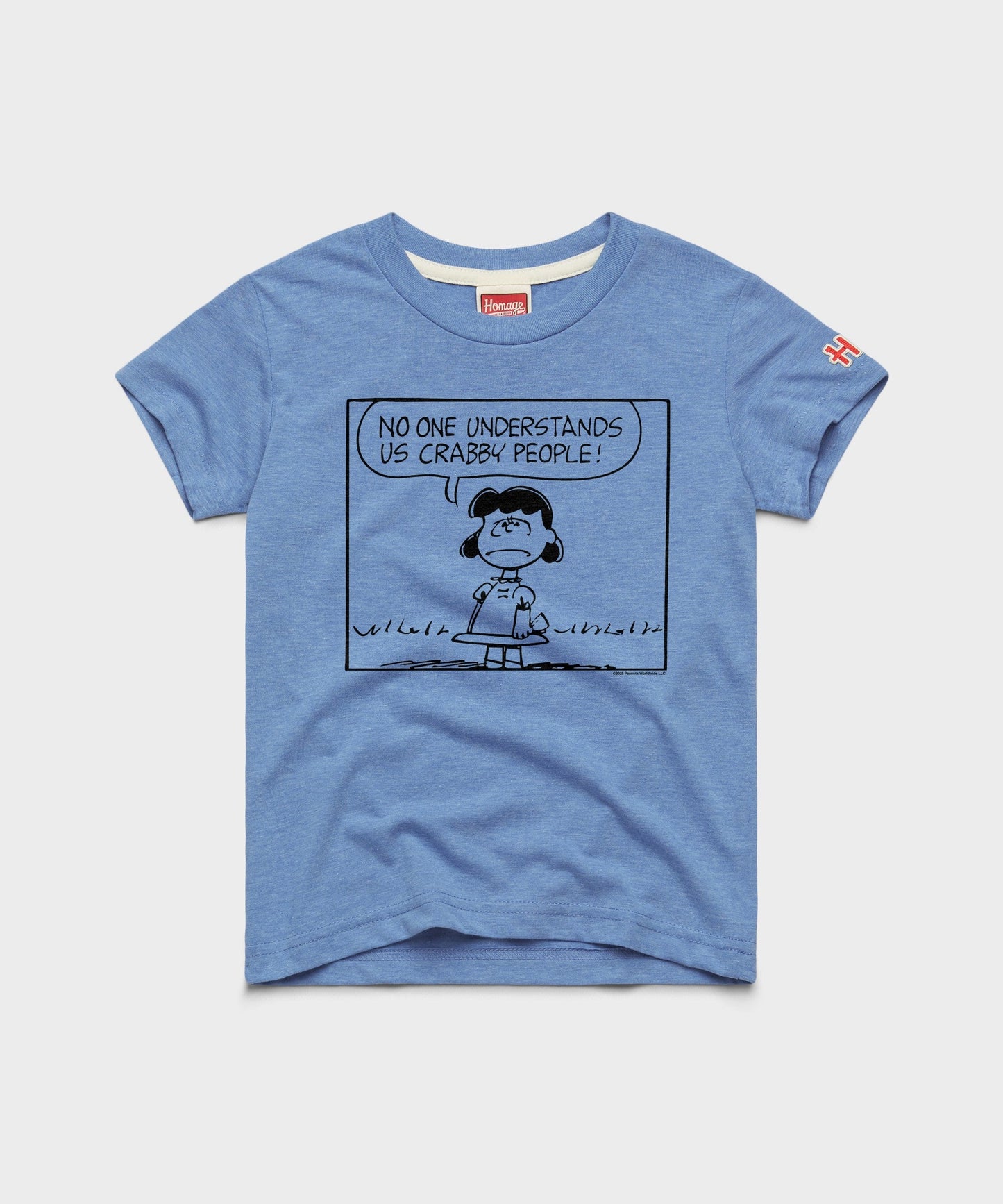 Light blue youth t-shirt featuring a graphic of Lucy van Pelt with text on the front