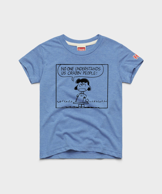 Light blue youth t-shirt featuring a graphic of Lucy van Pelt with text on the front-0