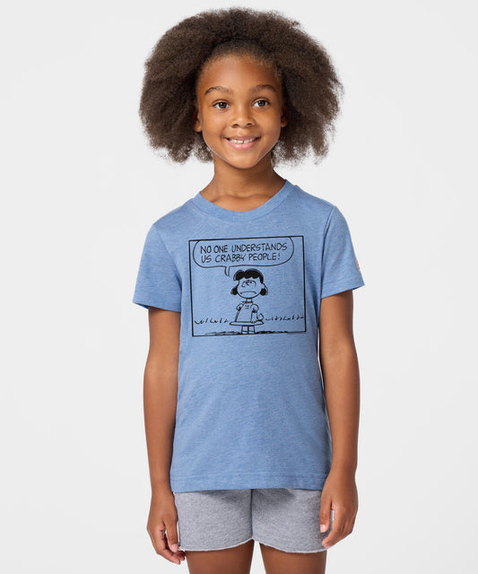 Light blue youth t-shirt featuring a graphic of Lucy van Pelt with text on the front-2