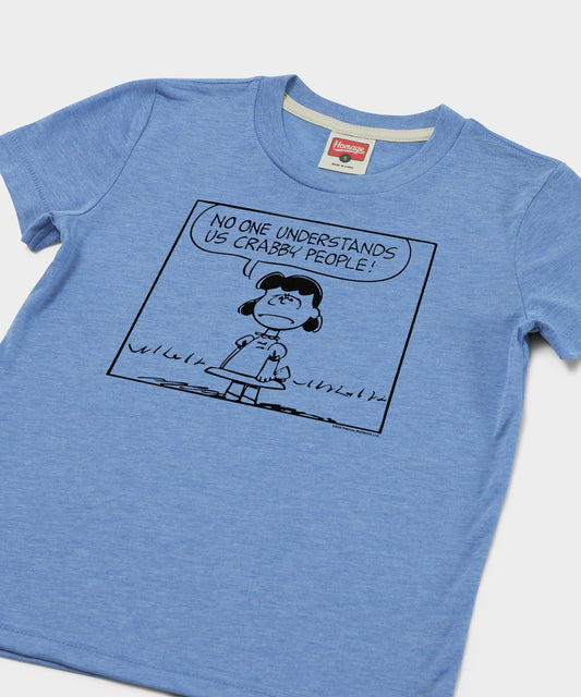 Light blue youth t-shirt featuring a graphic of Lucy van Pelt with text on the front-1