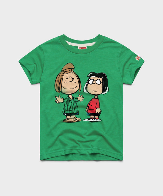 Youth green t-shirt featuring Peppermint Patty and Marcie graphic on the front-0