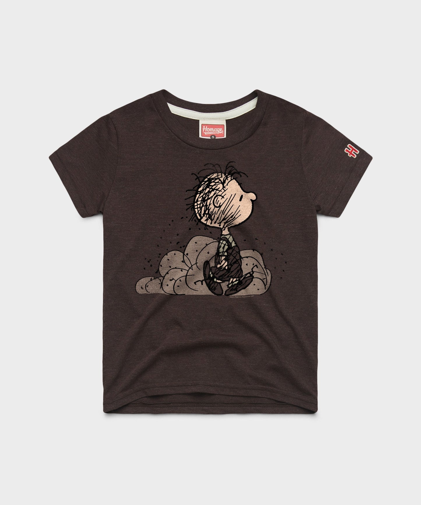 Brown youth t-shirt featuring Pig-Pen walking surrounded by a cloud of dust on the front chest