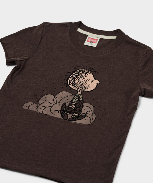 Brown youth t-shirt featuring Pig-Pen walking surrounded by a cloud of dust on the front chest-1