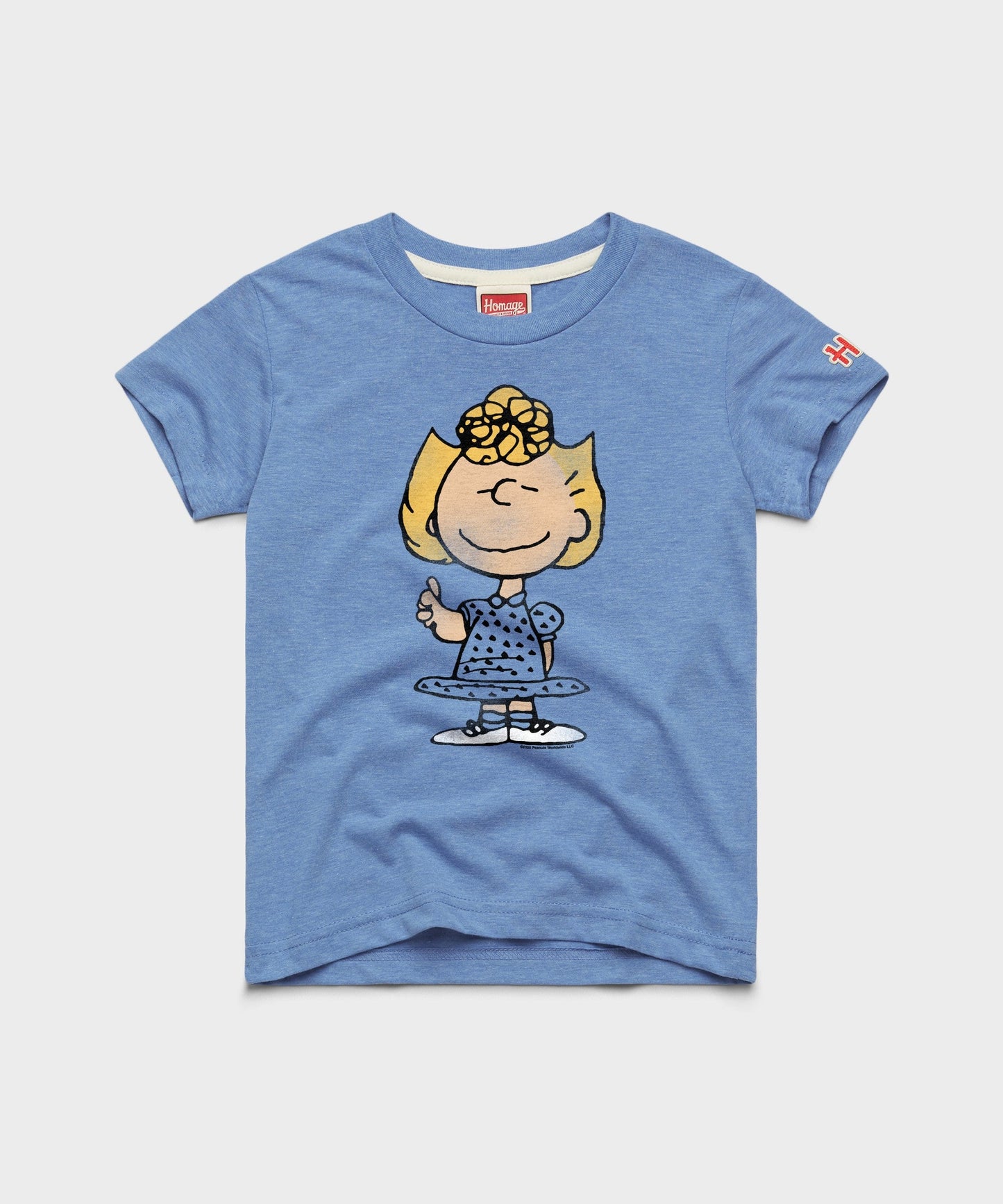 Light blue youth t-shirt featuring a graphic of Sally Character on the front