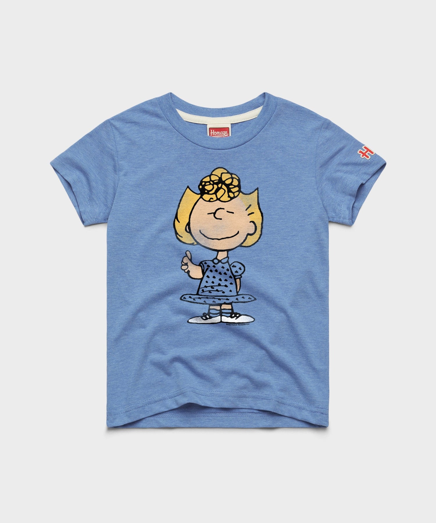 Light blue youth t-shirt featuring a graphic of Sally Character on the front
