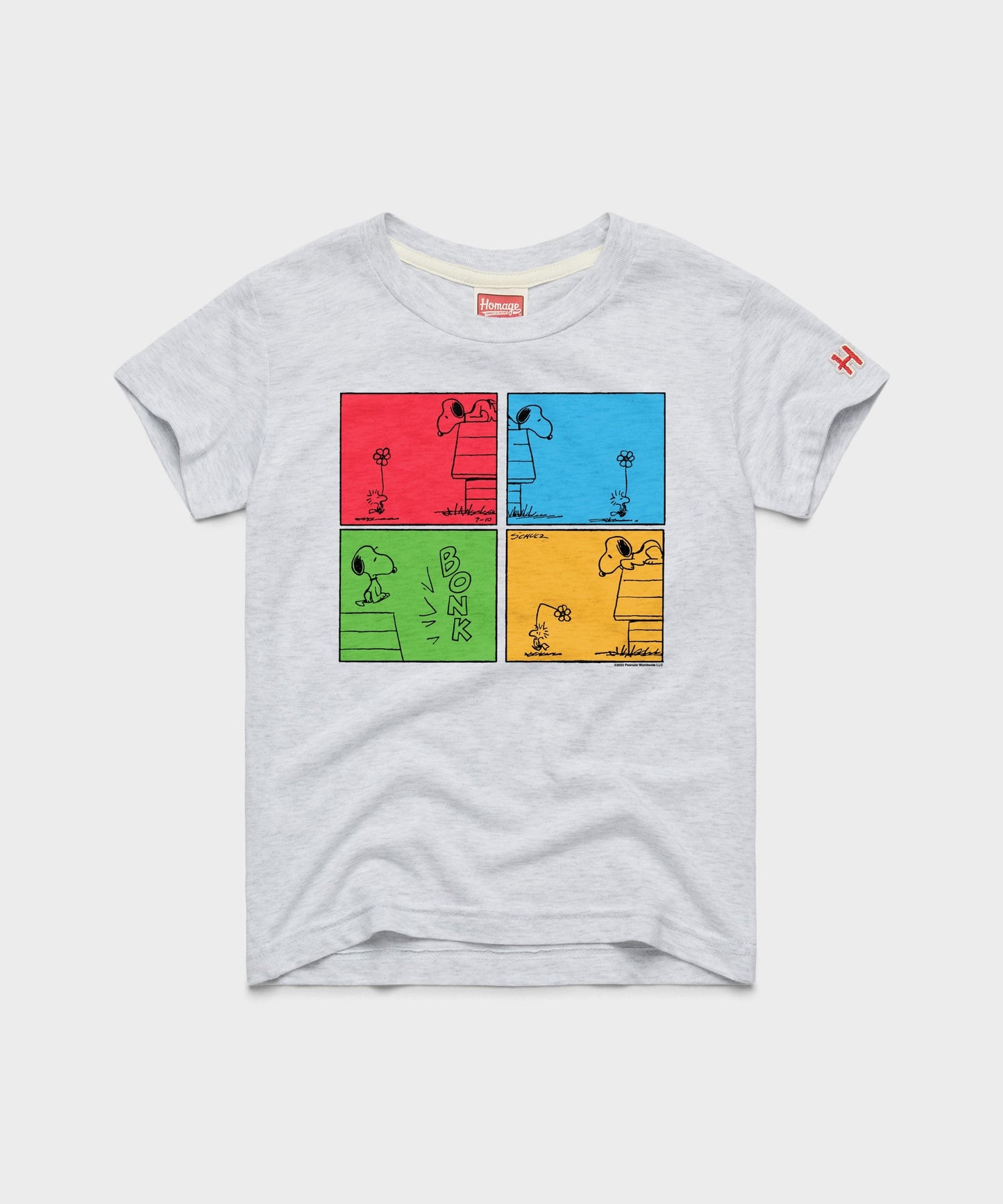 Youth ash grey t-shirt featuring comic strip panels of Snoopy and Woodstock on the front