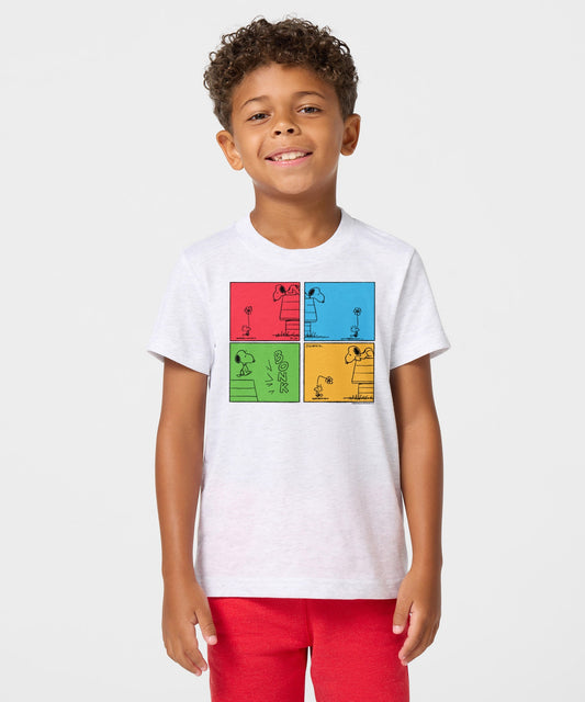 Youth ash grey t-shirt featuring comic strip panels of Snoopy and Woodstock on the front-2