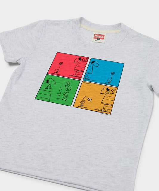 Youth ash grey t-shirt featuring comic strip panels of Snoopy and Woodstock on the front-1