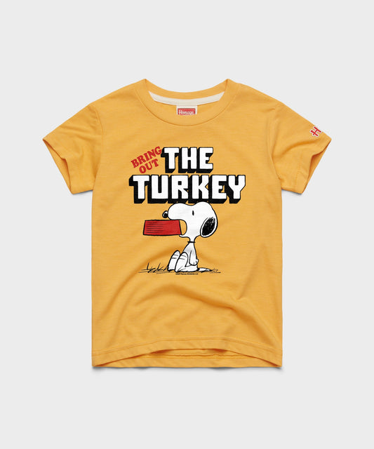 Gold youth t-shirt featuring Snoopy celebrating a holiday feast with the text Bring Out The Turkey across the front chest-0