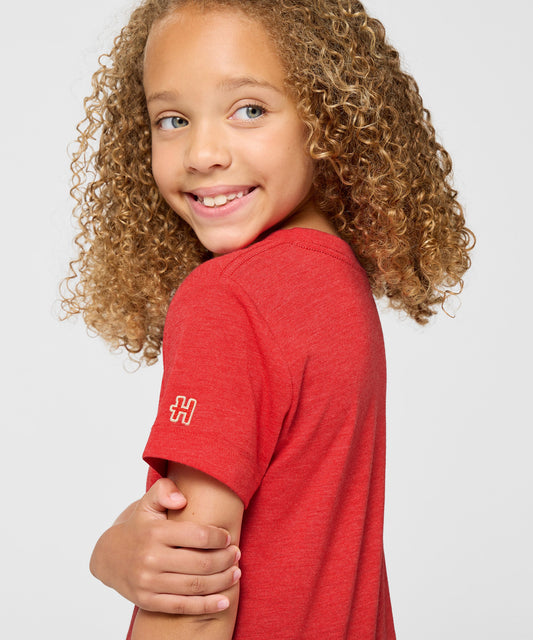 Bright red youth t-shirt with a vintage-style Snoopy Built For Speed graphic centered on the front-4