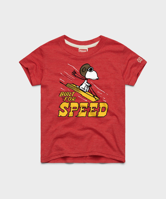 Bright red youth t-shirt with a vintage-style Snoopy Built For Speed graphic centered on the front-0