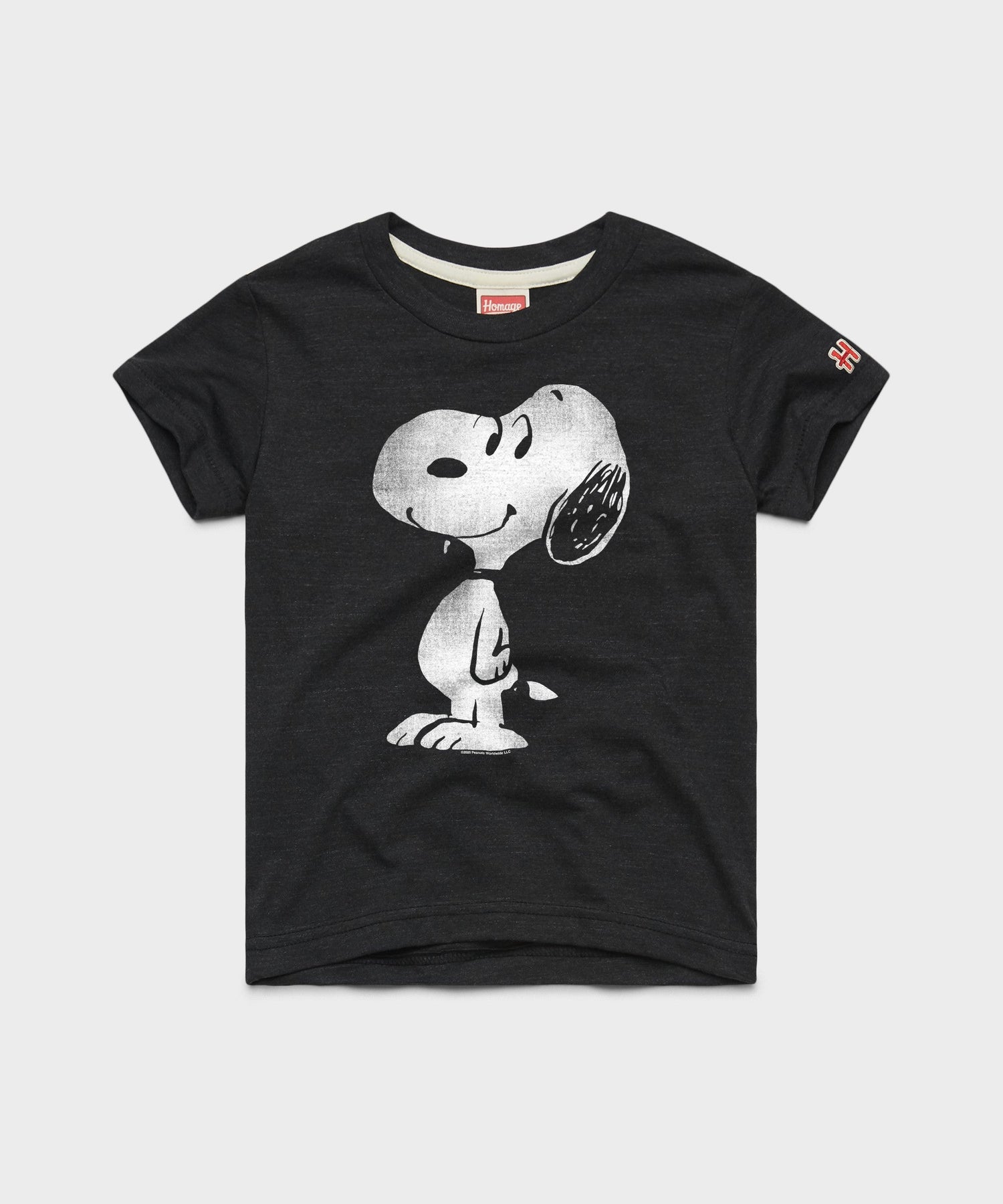 Charcoal youth t-shirt featuring Snoopy graphic printed on the chest