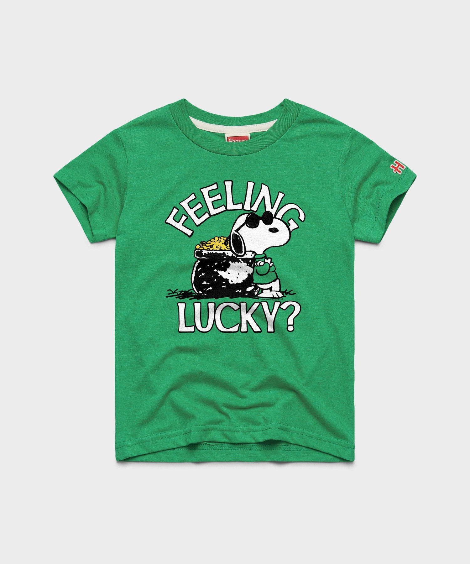 Green youth t-shirt featuring a vintage screen-printed graphic of Snoopy feeling lucky on the front