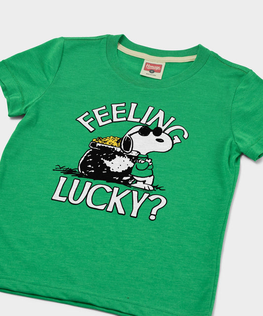 Green youth t-shirt featuring a vintage screen-printed graphic of Snoopy feeling lucky on the front-1