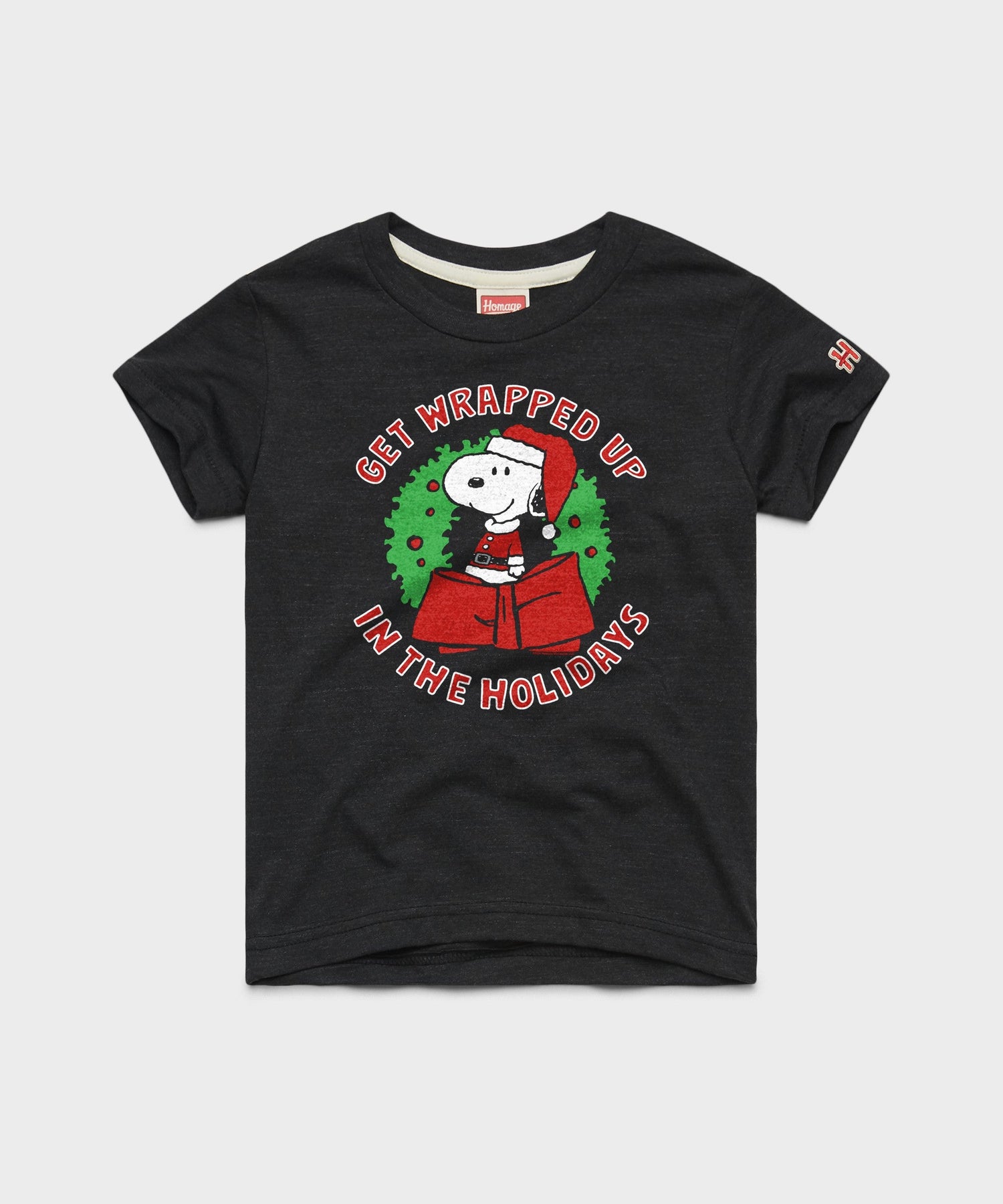 Charcoal youth t-shirt featuring Snoopy wrapped in a festive scarf on the front chest