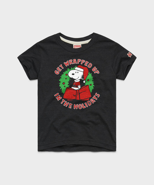 Charcoal youth t-shirt featuring Snoopy wrapped in a festive scarf on the front chest-0