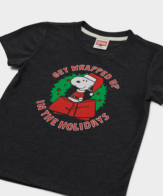 Charcoal youth t-shirt featuring Snoopy wrapped in a festive scarf on the front chest-1