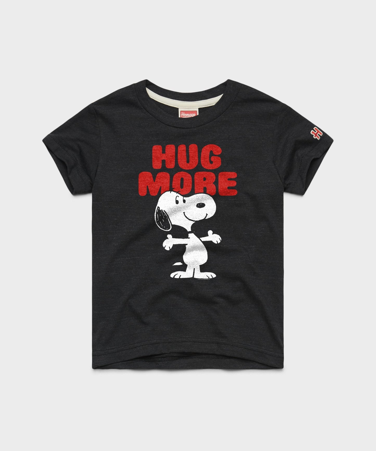 Charcoal youth t-shirt featuring Snoopy with an open-arm hug graphic centered on the front chest