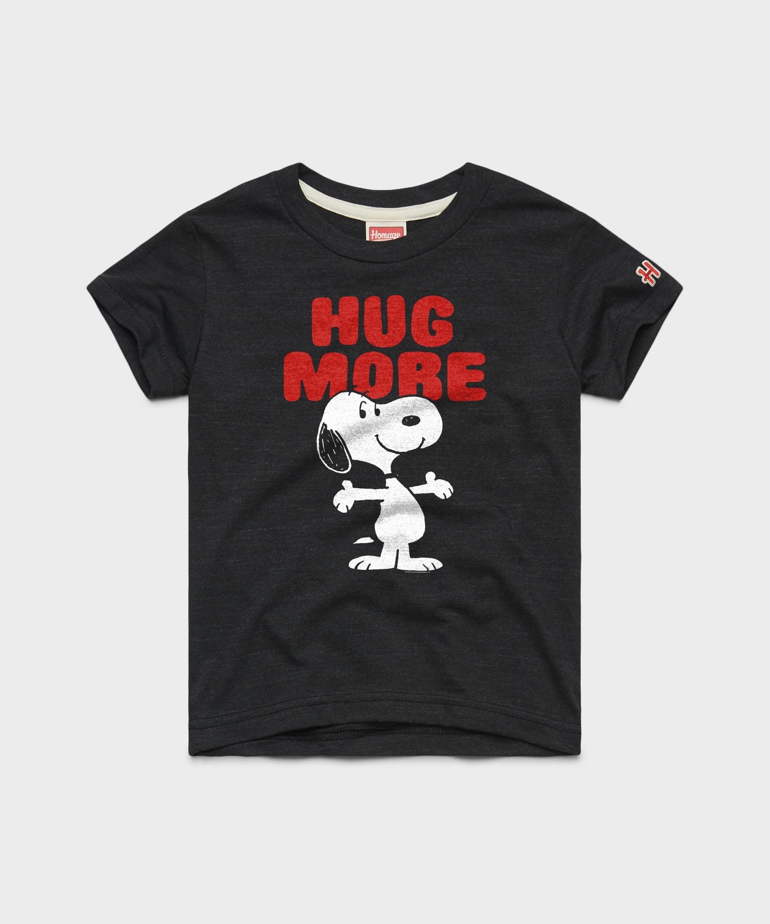 Charcoal youth t-shirt featuring Snoopy with an open-arm hug graphic centered on the front chest