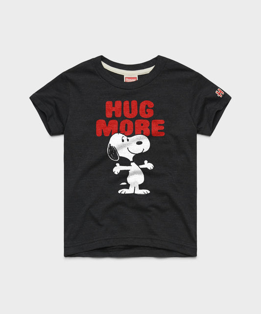 Charcoal youth t-shirt featuring Snoopy with an open-arm hug graphic centered on the front chest-0
