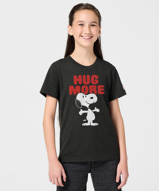 Charcoal youth t-shirt featuring Snoopy with an open-arm hug graphic centered on the front chest-2