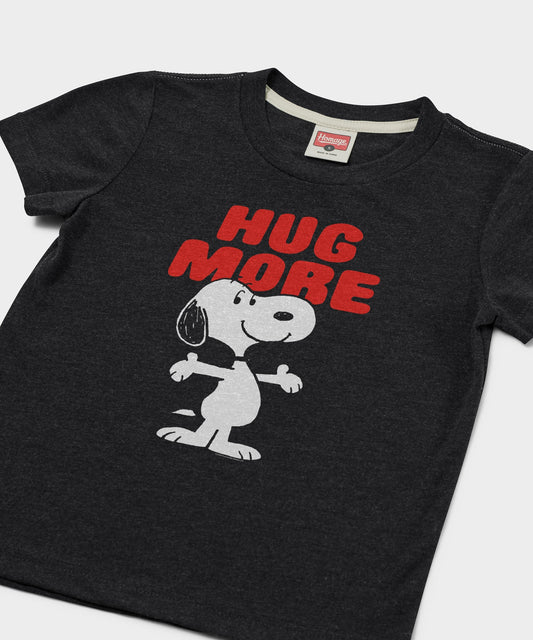 Charcoal youth t-shirt featuring Snoopy with an open-arm hug graphic centered on the front chest-1