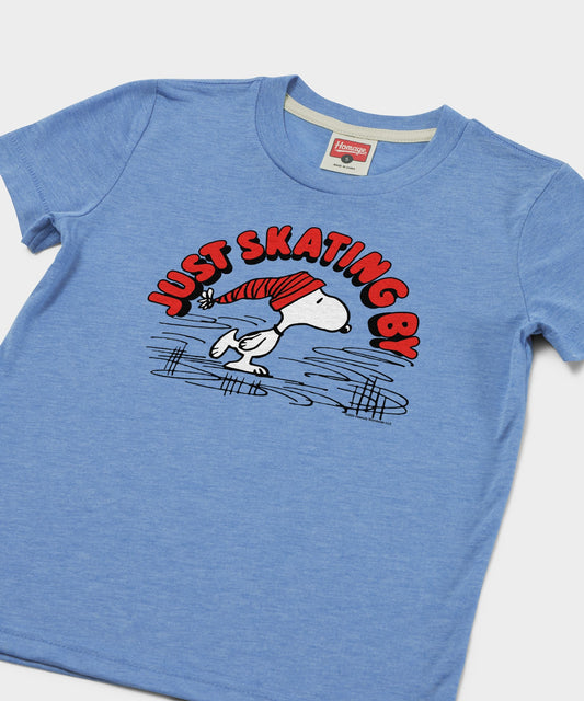 Light blue youth t-shirt featuring Snoopy skating across a frozen pond on the front chest-1