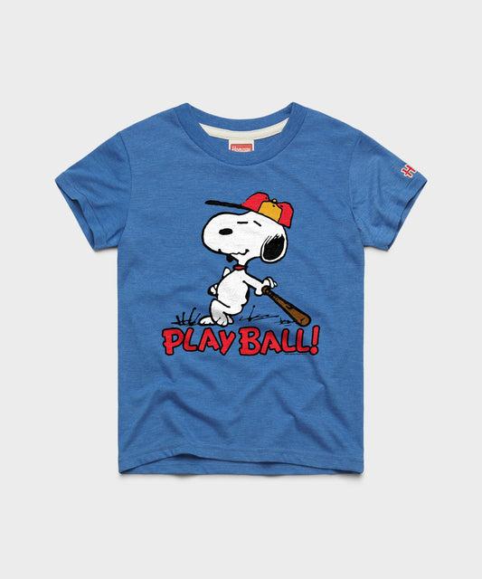 Royal blue youth t-shirt featuring Snoopy playing baseball on the front chest-0