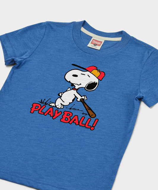 Royal blue youth t-shirt featuring Snoopy playing baseball on the front chest-1