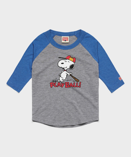 Youth grey and royal blue raglan t-shirt featuring Snoopy playing baseball on the front chest-0