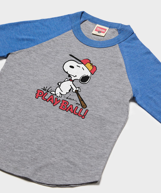 Youth grey and royal blue raglan t-shirt featuring Snoopy playing baseball on the front chest-1