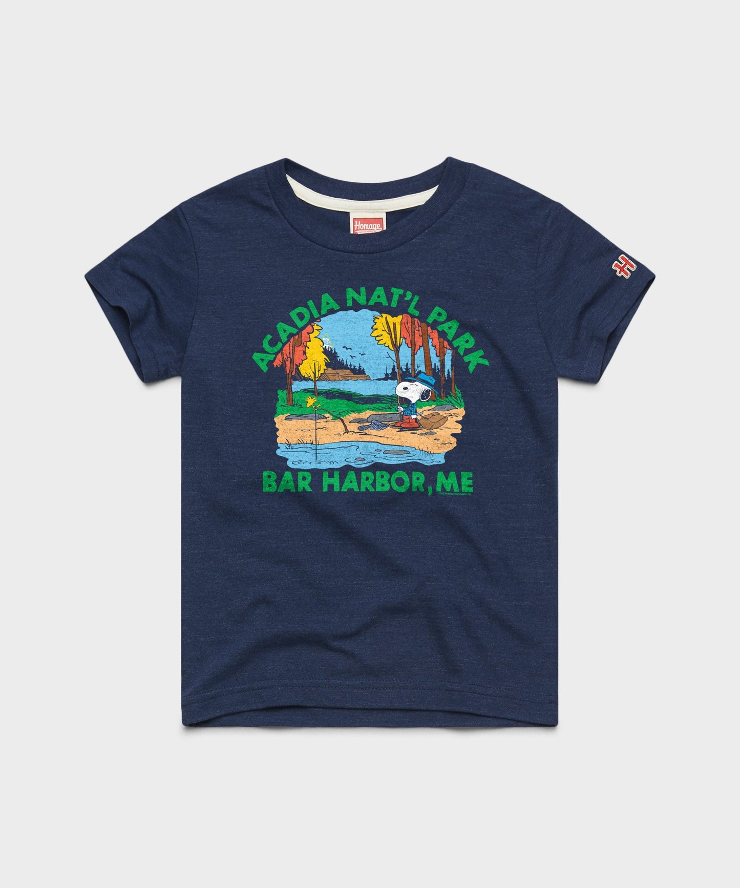 Navy youth t-shirt featuring Snoopy and Acadia National Park graphic on the front chest
