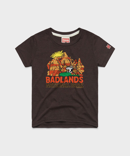 Brown youth t-shirt featuring Snoopy and the Peanuts gang exploring Badlands National Park on the front chest-0