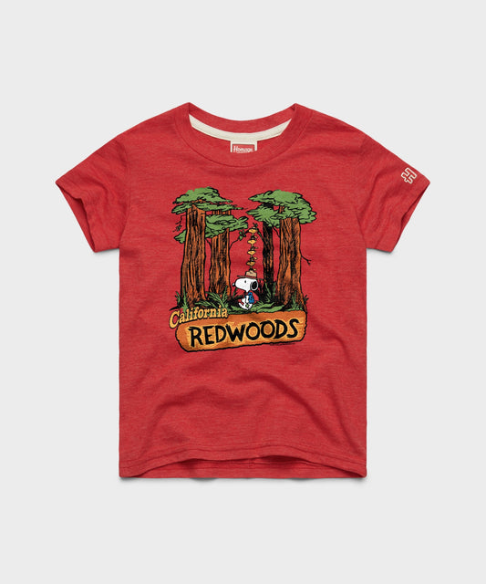 Red youth t-shirt featuring Snoopy exploring the California Redwoods on the front chest-0