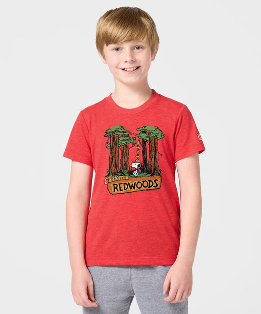 Red youth t-shirt featuring Snoopy exploring the California Redwoods on the front chest-2