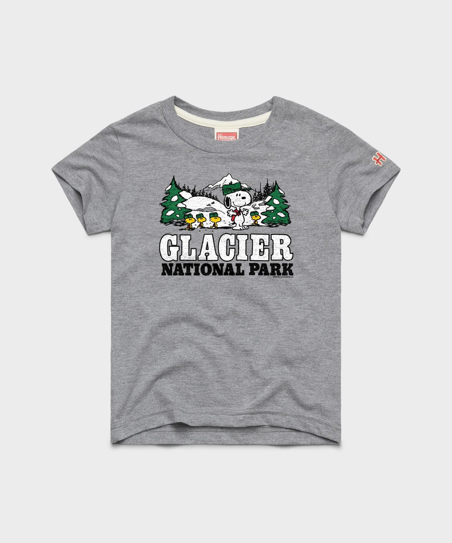 Grey youth t-shirt featuring Snoopy and Glacier National Park graphic on the front chest