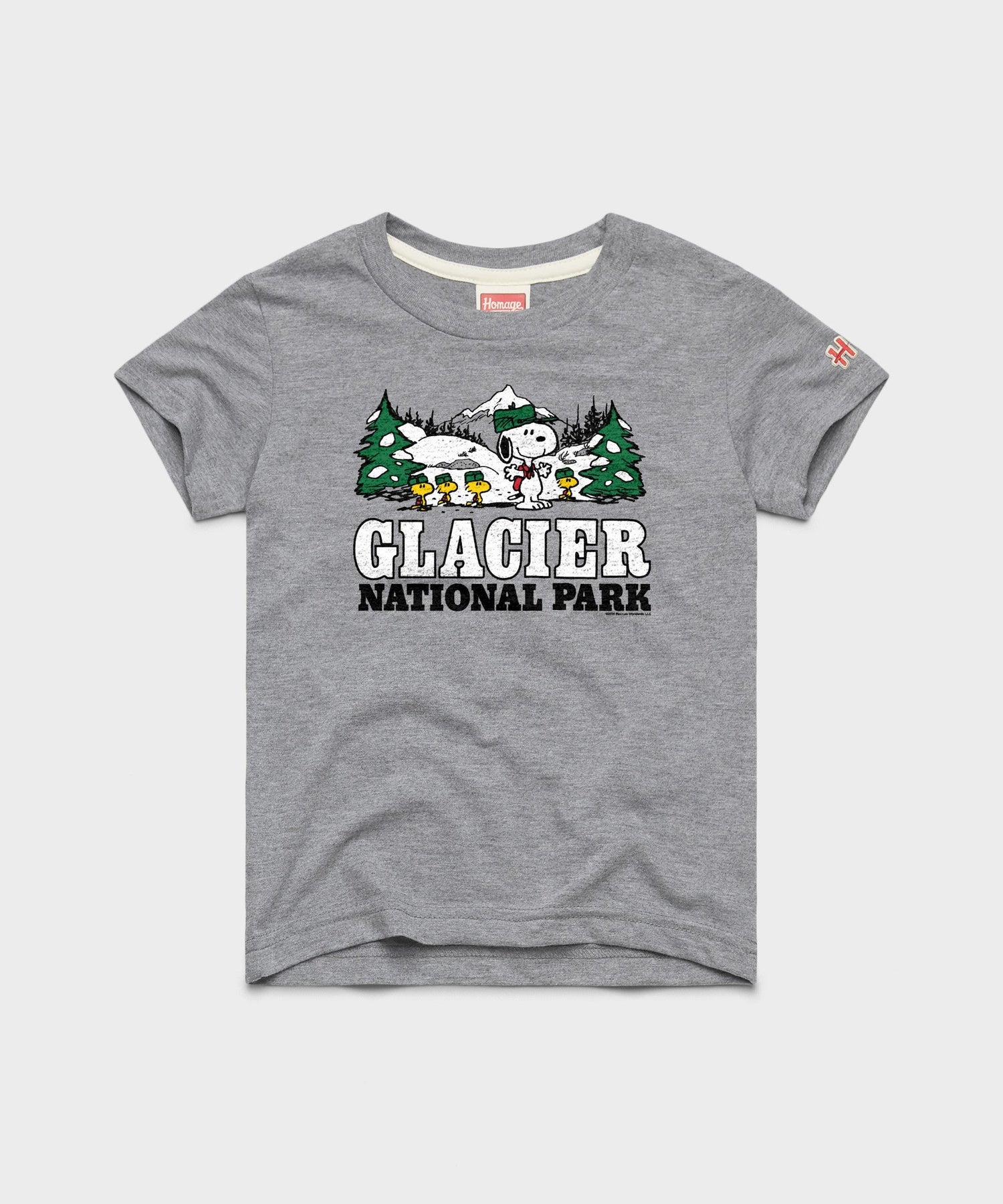 Grey youth t-shirt featuring Snoopy and Glacier National Park graphic on the front chest