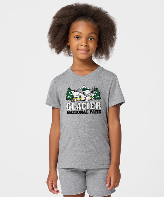 Grey youth t-shirt featuring Snoopy and Glacier National Park graphic on the front chest-2