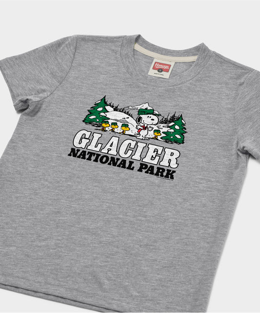 Grey youth t-shirt featuring Snoopy and Glacier National Park graphic on the front chest-1