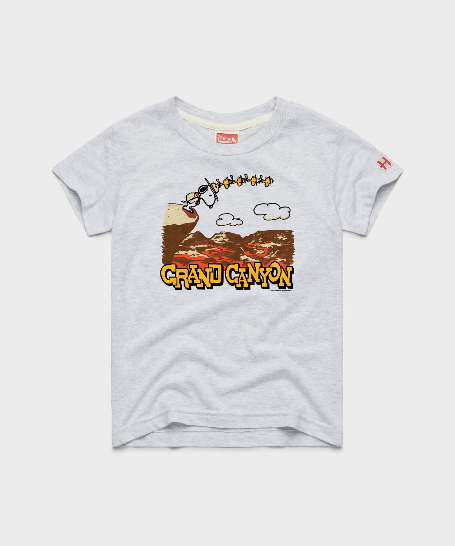 Ash heather youth t-shirt featuring Snoopy exploring Grand Canyon National Park on the front chest
