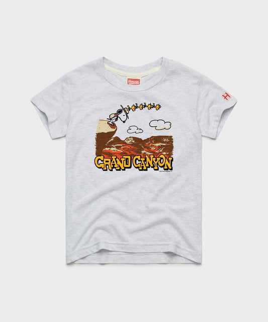 Ash heather youth t-shirt featuring Snoopy exploring Grand Canyon National Park on the front chest-0