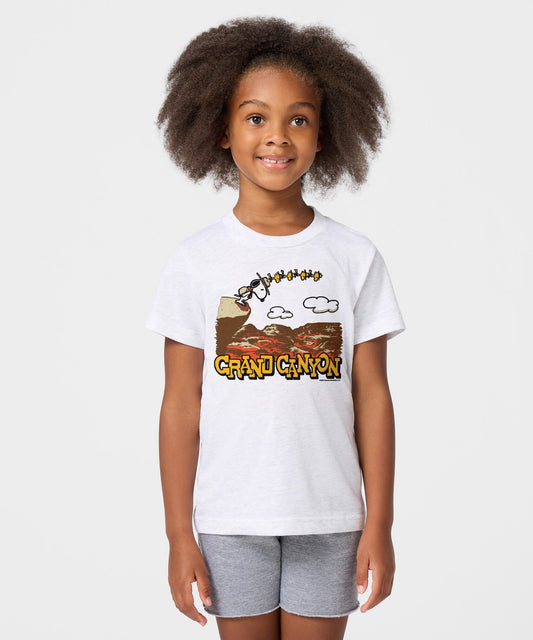 Ash heather youth t-shirt featuring Snoopy exploring Grand Canyon National Park on the front chest-2